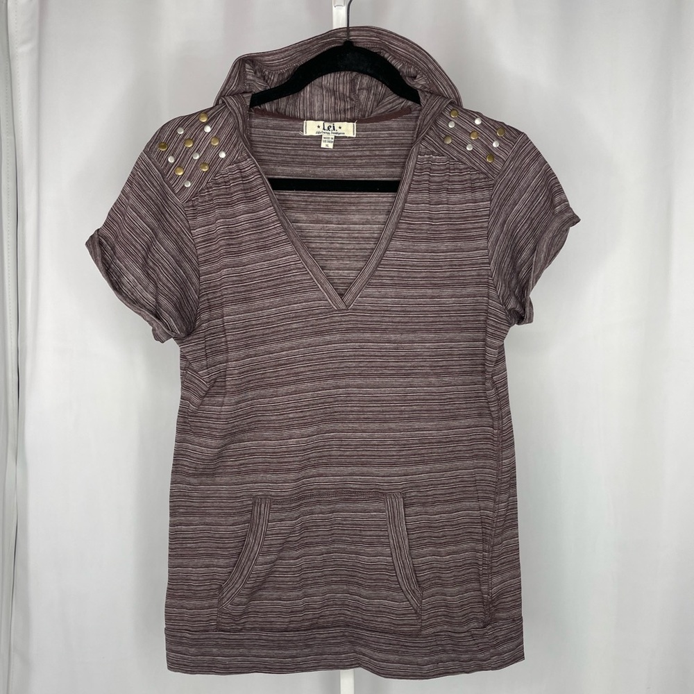 Lei Y2K 90’s XL Brown Striped Short Sleeve hooded shirt Pocket Casual Boho